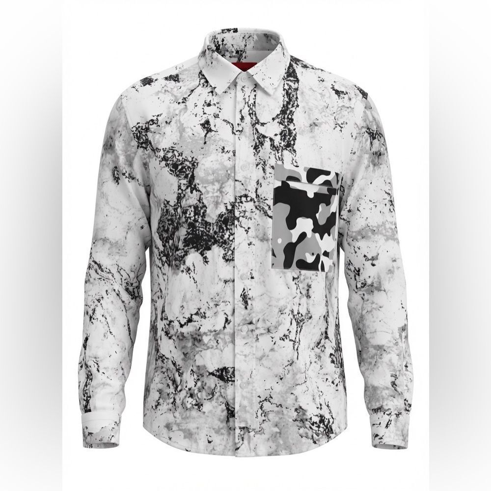 HUGO BOSS MENS BUTTON DOWN SHIRT SIZE S WHITE WITH BLACK DESIGN